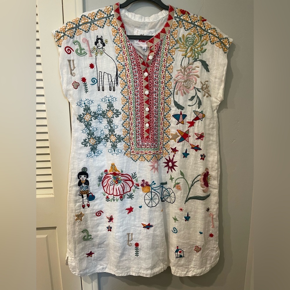 Johnny Was Biya Collection Linen Embroidered Tunic in White, NWT